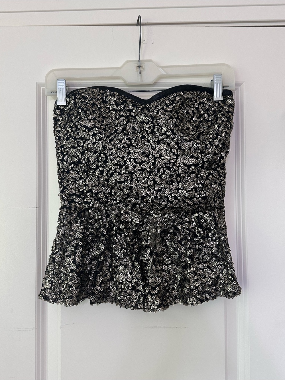 Esley Black Sequin Strapless Peplum Top with Gold Sequins